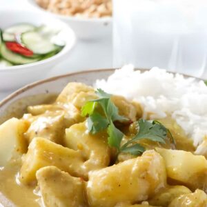 Yellow chicken and potato curry with rice, cilantro garnish, and assorted side dishes.