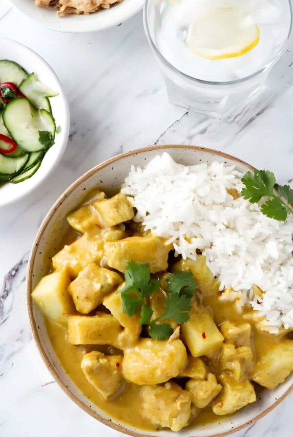 Yellow chicken curry with potatoes and rice, cucumber salad, and lemon water.