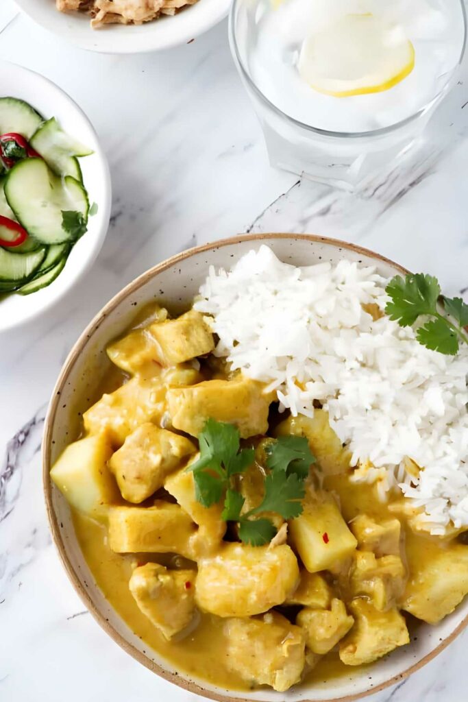 Yellow chicken curry with potatoes and rice, cucumber salad, and lemon water.
