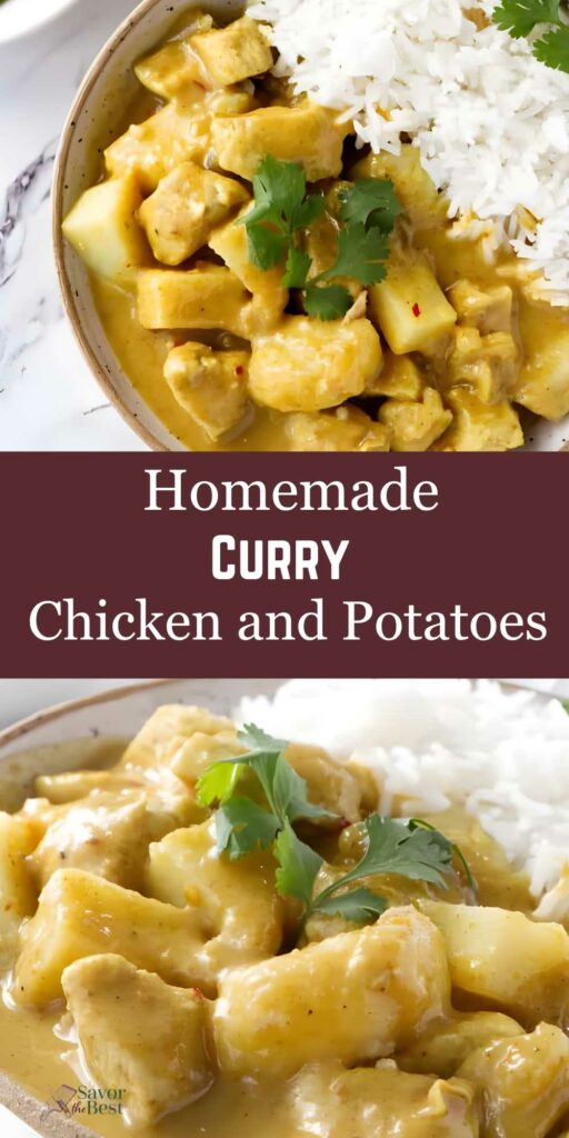 Bowl of chicken and potato curry with cilantro, served with rice.