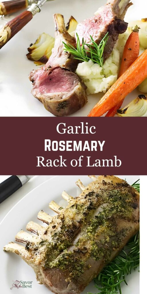 Garlic rosemary rack of lamb with mashed potatoes, carrots, onions, and herb garnish.