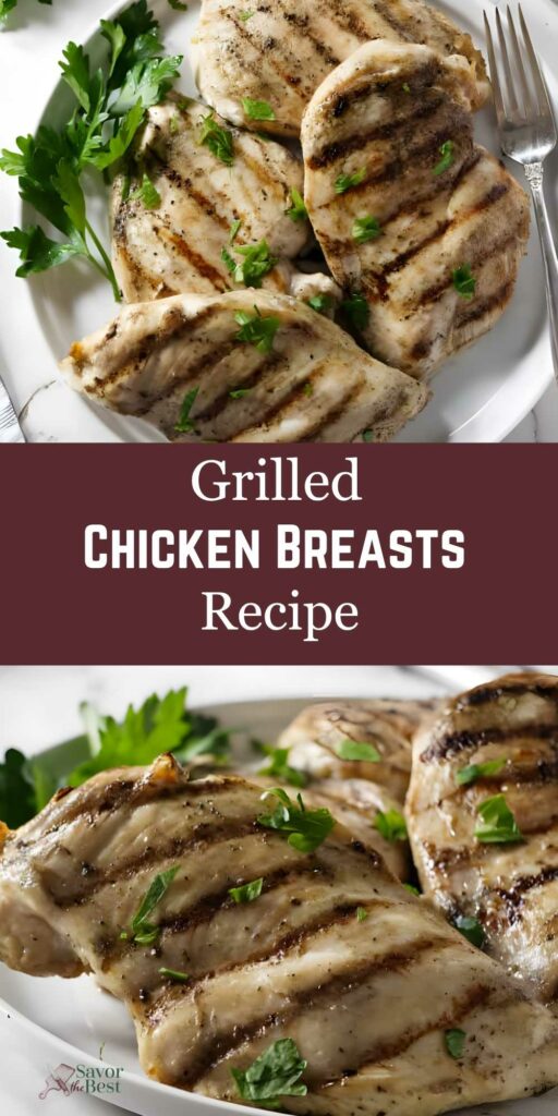 Grilled chicken breasts with parsley on plate, text: "Grilled Chicken Breasts Recipe.