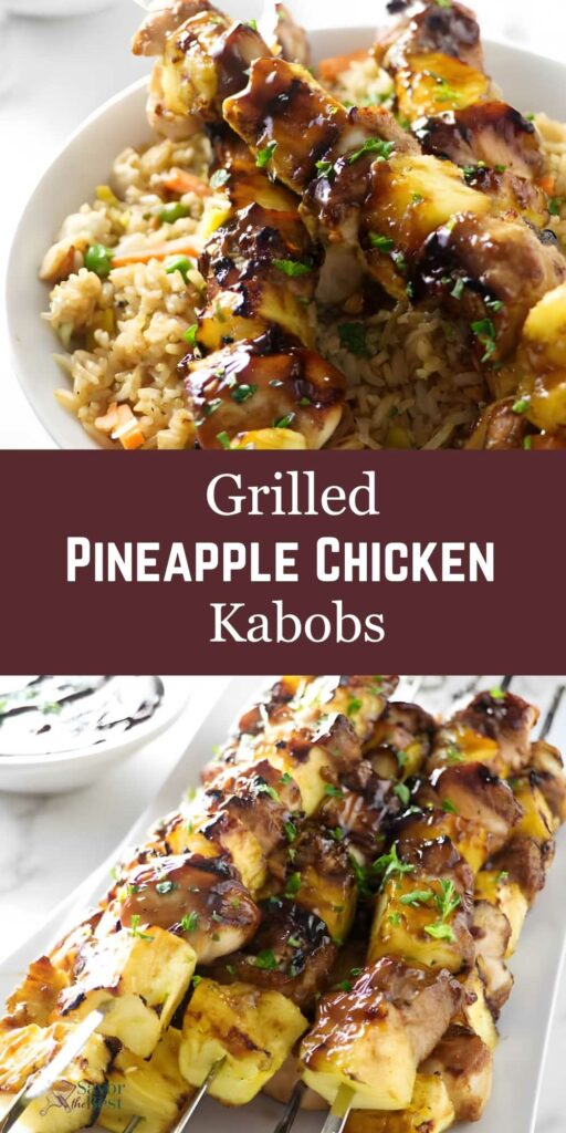 Chicken and pineapple kabobs on skewers.