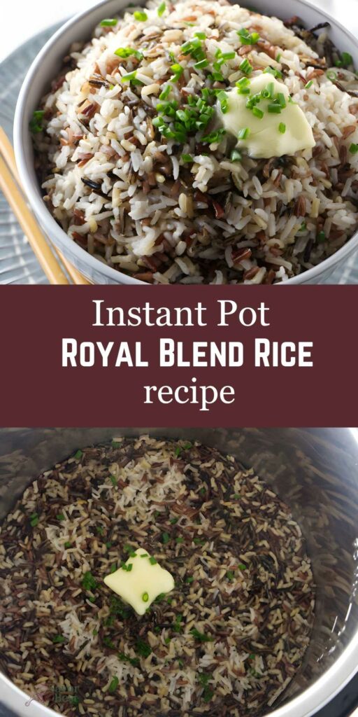 Bowl of royal blend rice with chives and butter beside a pot of rice.