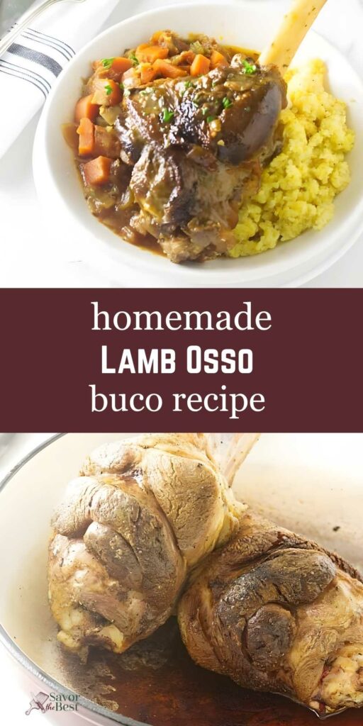 Lamb osso buco on mashed potatoes and lamb shanks in a pot.