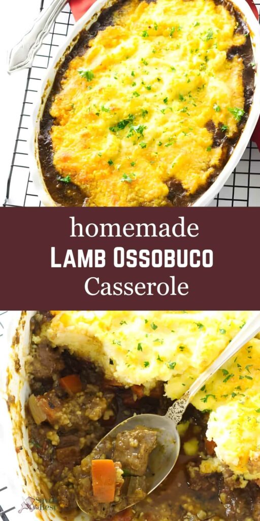 Overhead shot of lamb ossobuco casserole with mashed potato topping and spoonful served.