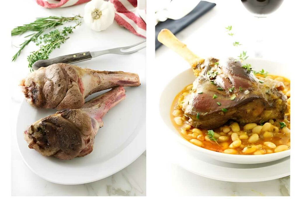 Raw lamb shanks on plate; cooked lamb shank over beans with thyme garnish.