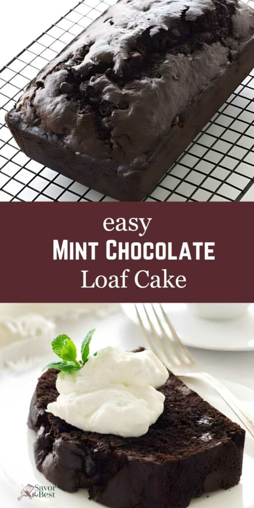 Chocolate loaf cake cooling on rack, with a served slice topped with cream and mint.
