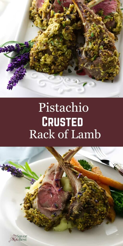Pistachio-crusted rack of lamb on platter with herbs; text: Pistachio Crusted Rack of Lamb.