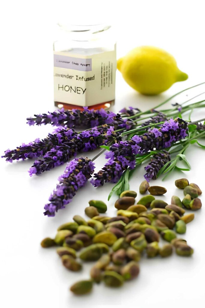 Honey jar, whole lemon, lavender sprigs, and pistachios on white surface.