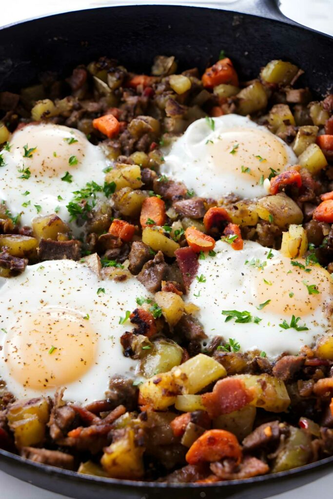 Skillet hash with potatoes, carrots, meat, and four sunny-side-up eggs.