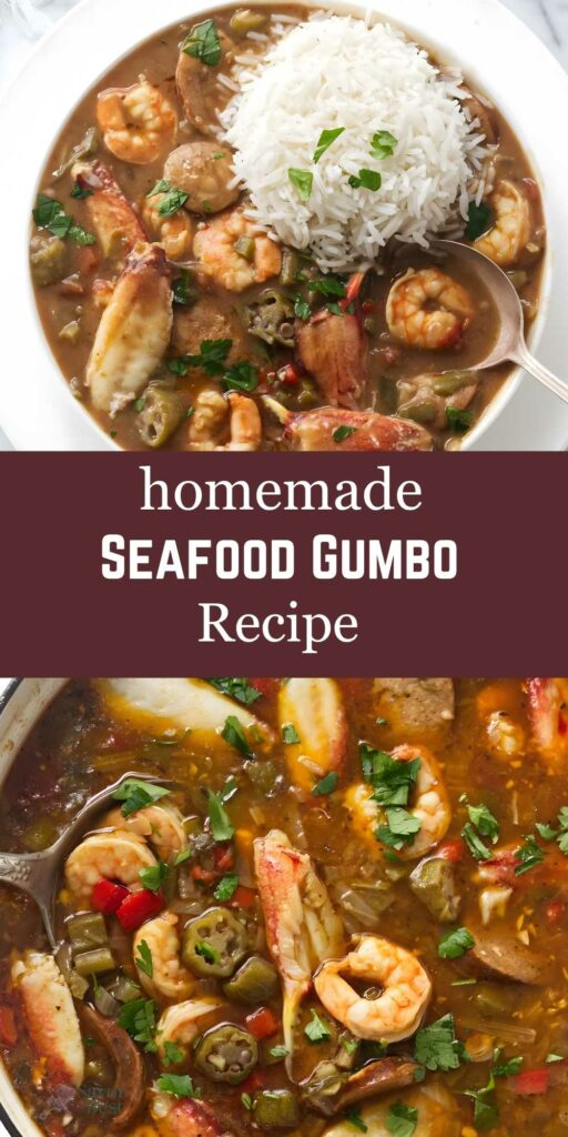 Overhead view of seafood gumbo with shrimp, crab, rice, sausage, and herbs.