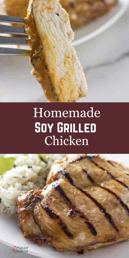 Fork holds grilled chicken over plate with rice, garnish, and "Homemade Soy Grilled Chicken" text.