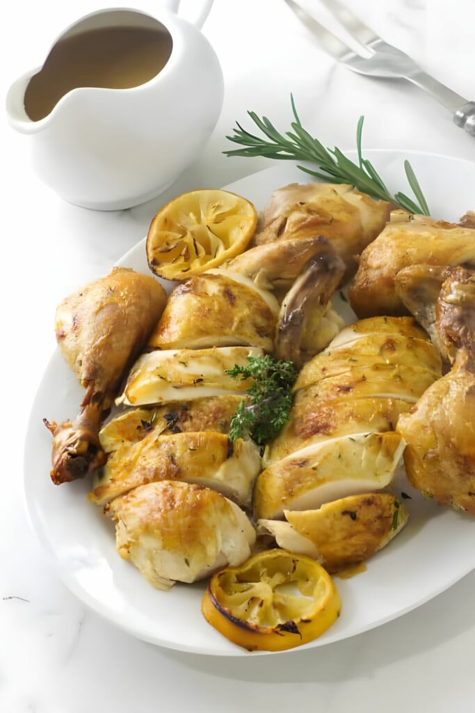Chicken pieces with herbs and lemon, served alongside a gravy boat.