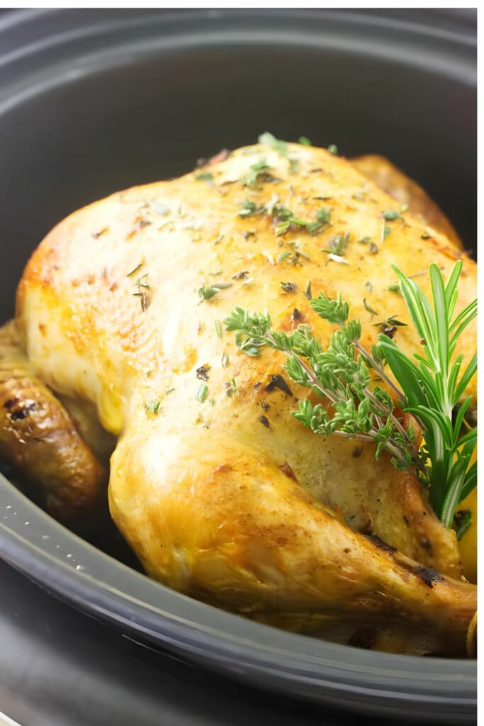 Whole chicken with herbs in a black slow cooker.
