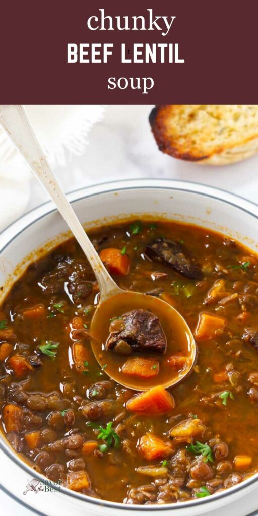 A spoon in a bowl of beef lentil soup with vegetables.