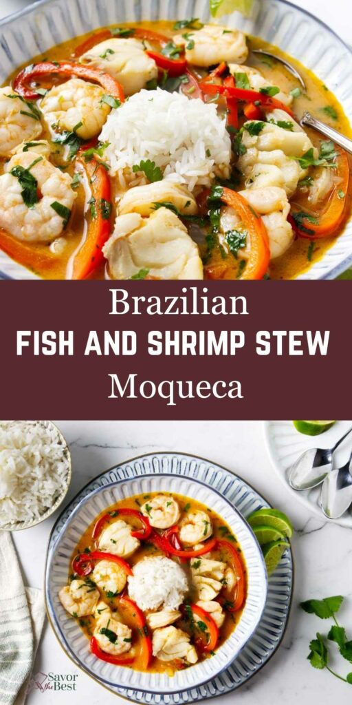 Flaky fish and shrimp in a seafood stew next to rice.