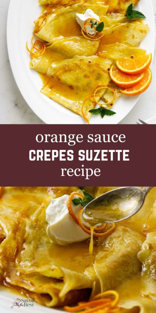 Spooning orange syrup over several crepes.