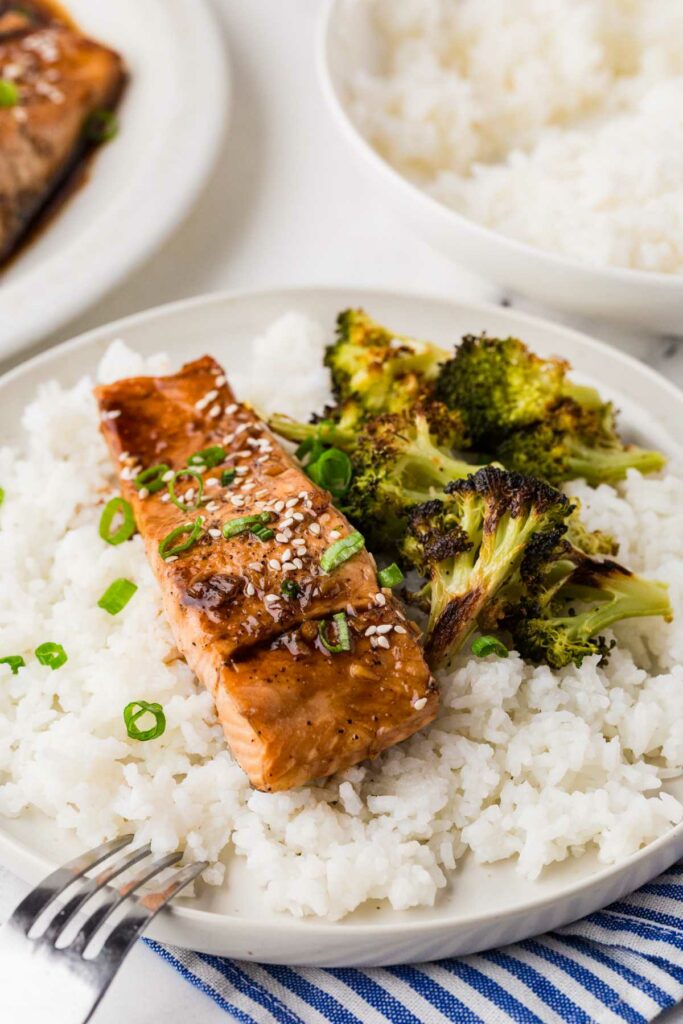 A serving of salmon teriyaki on a bed of white rice.
