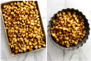 Toasted bread cubes on a sheet pan then tossed into a mixing bowl to make dressing.
