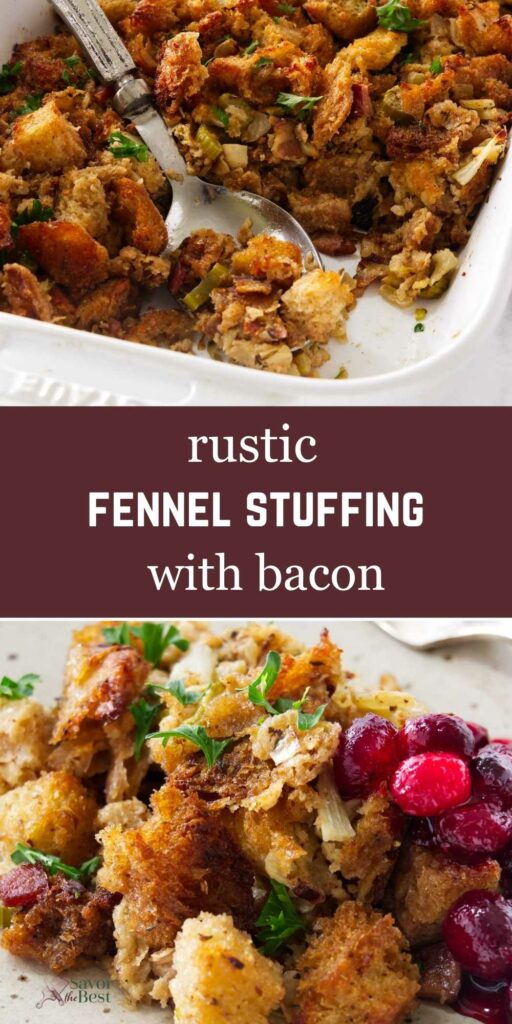 A casserole dish with fennel stuffing next to a plate of dressing and cranberry sauce.