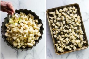 Tossing cubes of bread in oil then toasting it for a dressing.