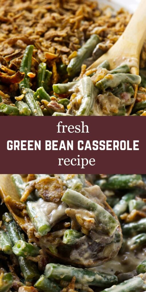 A green beans casserole with fresh green beans and a wooden spoon.