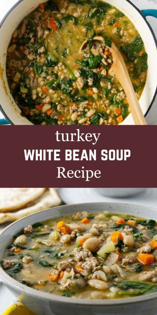 A large pot of bean and spinach soup with lemon and chicken.