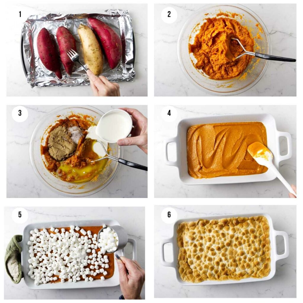 Six photos in a collage showing how to make a recipe for sweet potato casserole.
