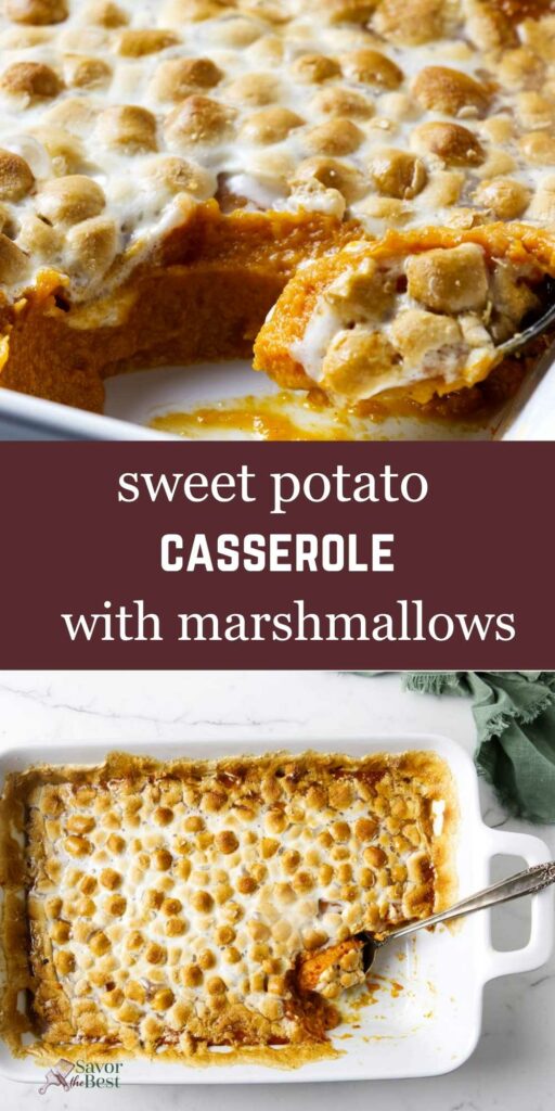 A sweet potato casserole with marshmallows with a spoon in the dish.