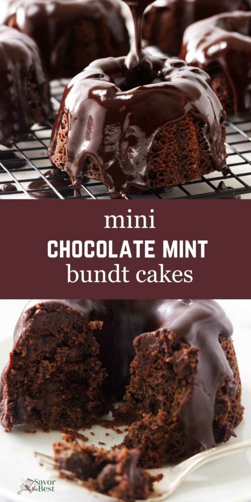 Drizzling chocolate glaze over a mini bundt cake.