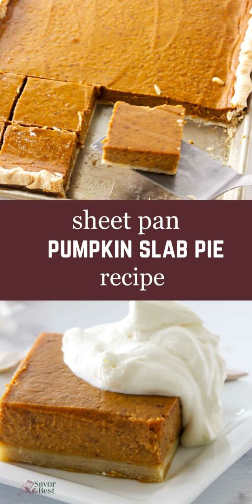 A slice of pumpkin pie next to a sheet pan filled with more pie.