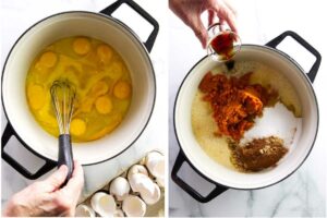 Mixing eggs in a large bowl then adding pumpkin puree, sugar, and spices.