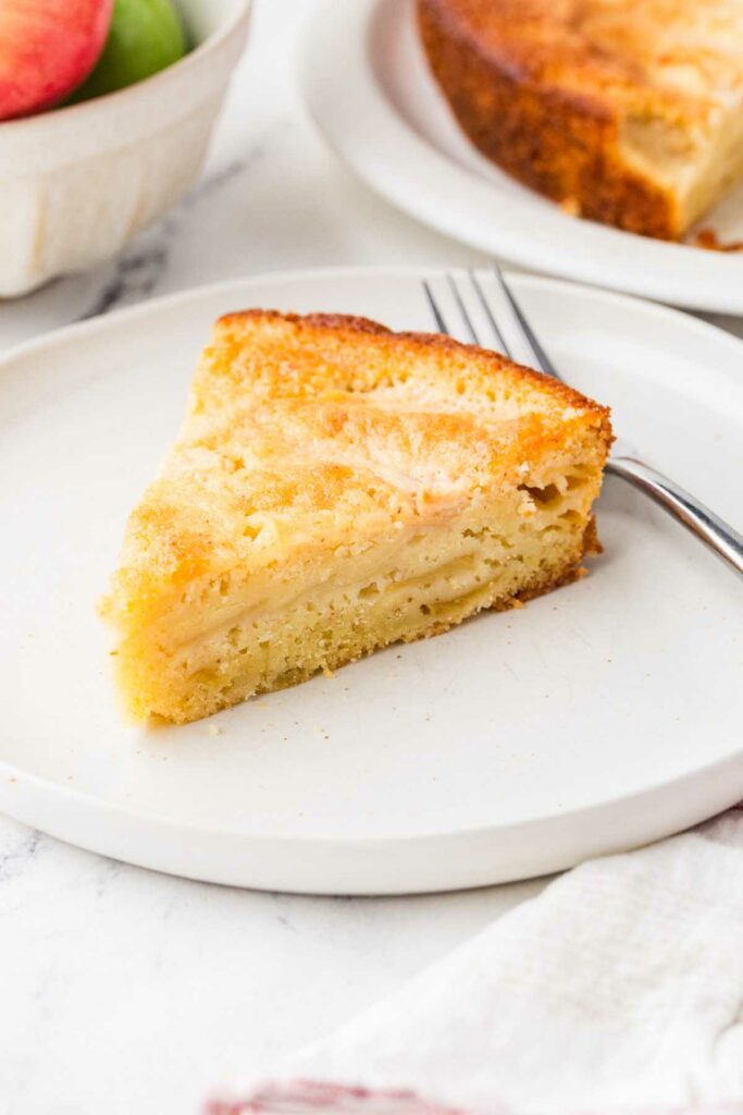 A slice of apple sourdough discard cake on a dessert plate.