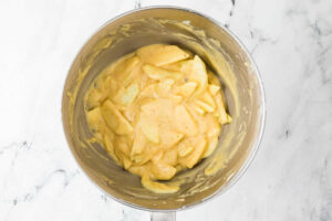 Folding sliced apples into cake batter.