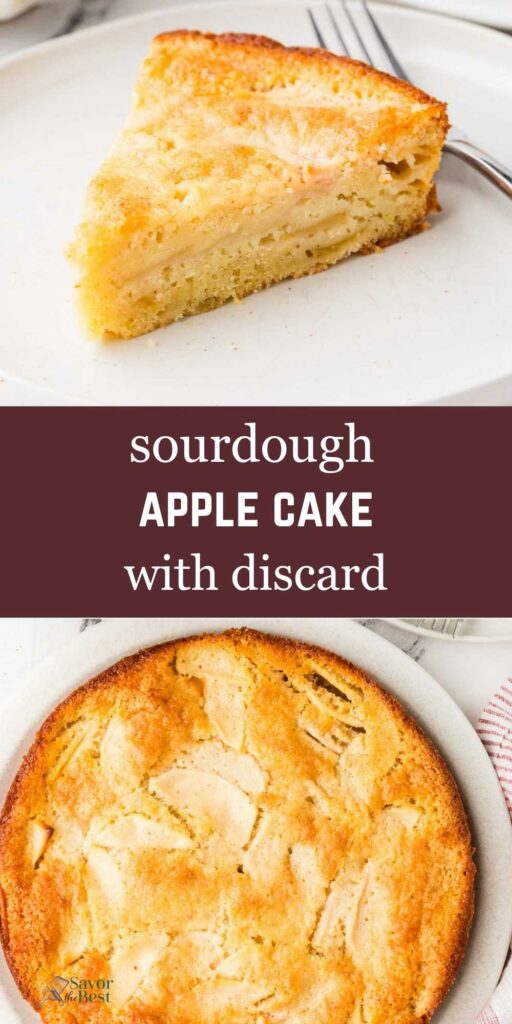 A sourdough apple cake on a plate next to a fork.