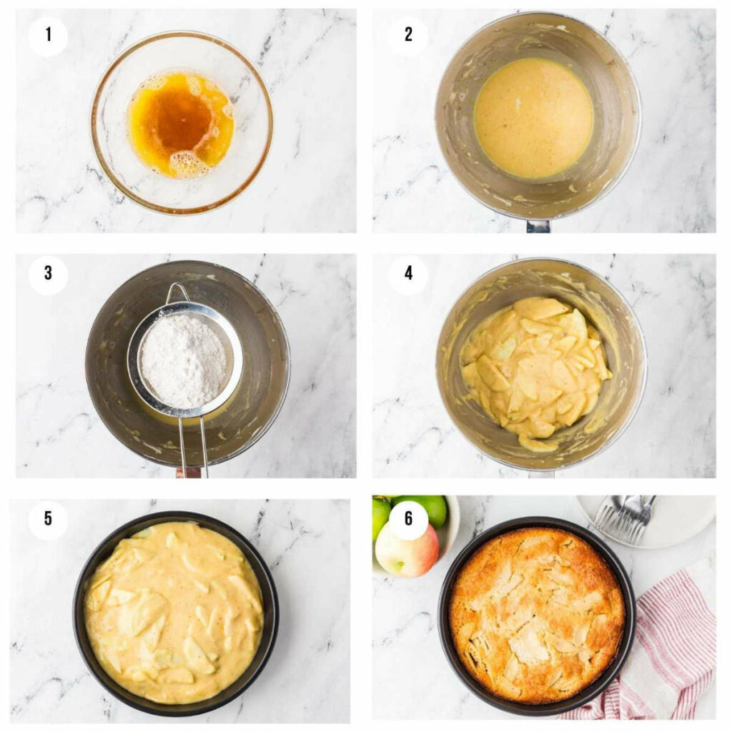 Six process photos showing how to make sourdough french apple cake.