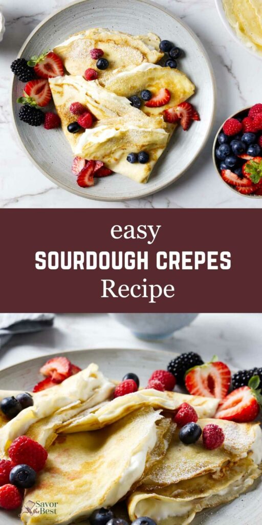 Sourdough discard crepes on a plate next to a bowl of fruit.