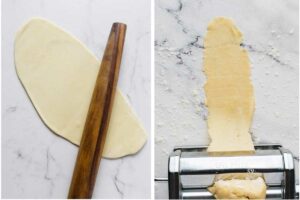 Rolling pasta dough by hand and rolling it with a pasta machine.