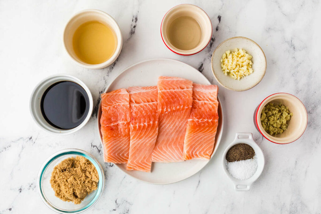 Ingredients used to make teriyaki glazed salmon.