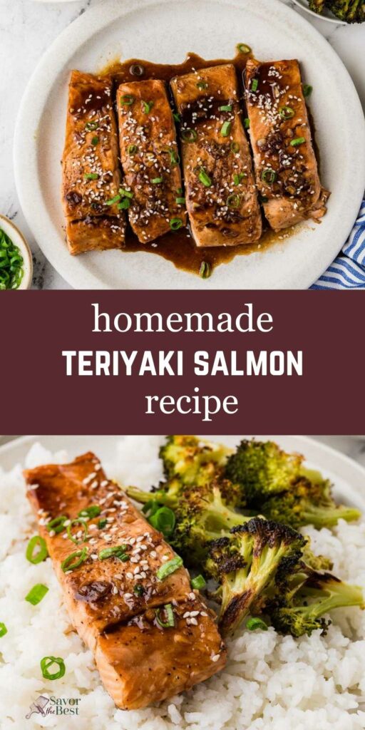 Teriyaki glazed salmon on a platter and another serving on a bed of rice.