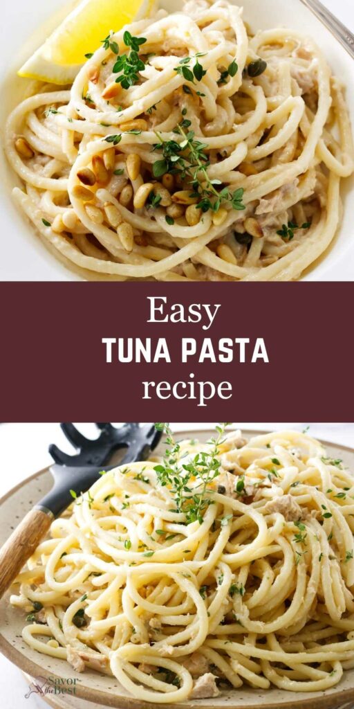 Tuna pasta in a dish with pine nuts.