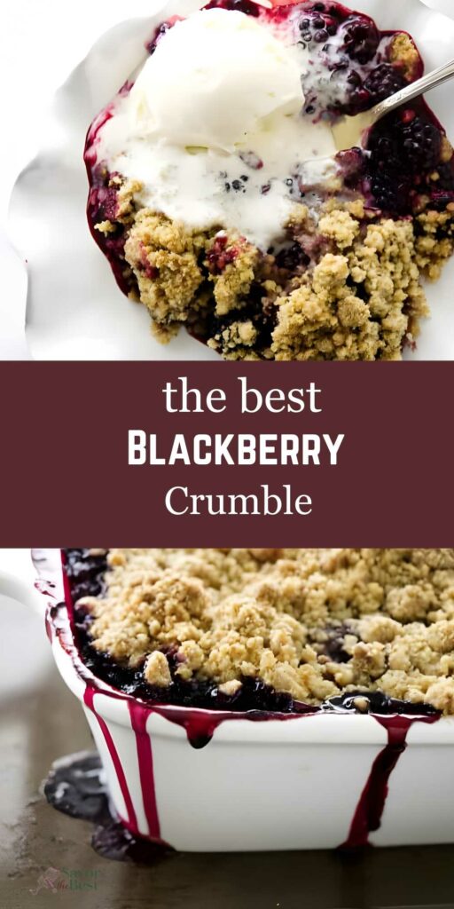 Blackberry crumble with vanilla ice cream in a white dish, spoon beside.