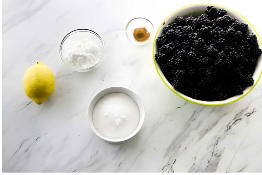 Lemon, blackberries, sugar, powdered sugar, and cinnamon on white marble.