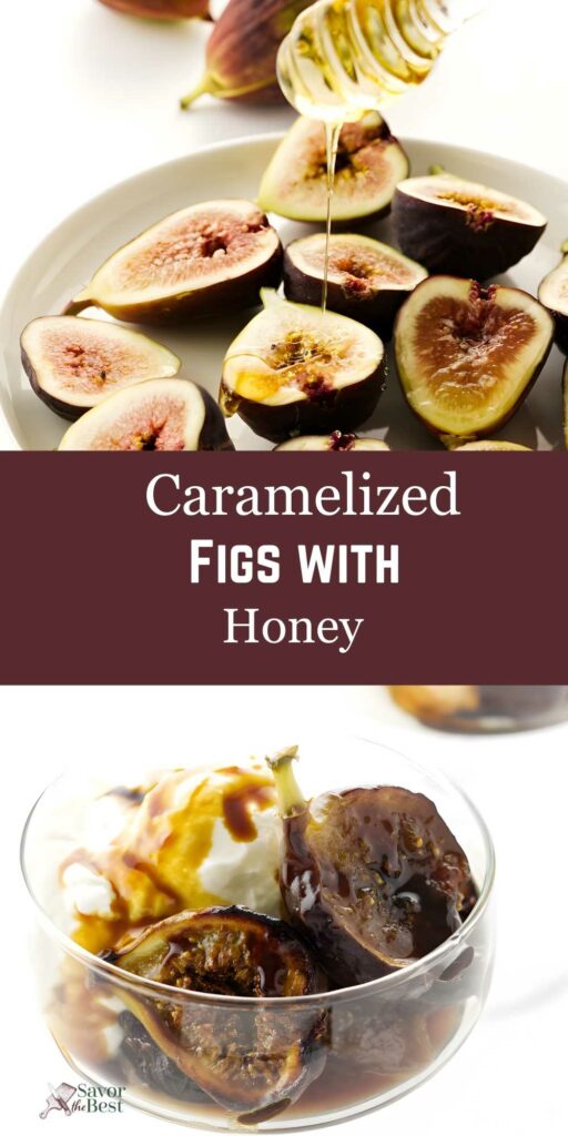 Fresh figs drizzled with honey beside caramelized figs and creamy yogurt.