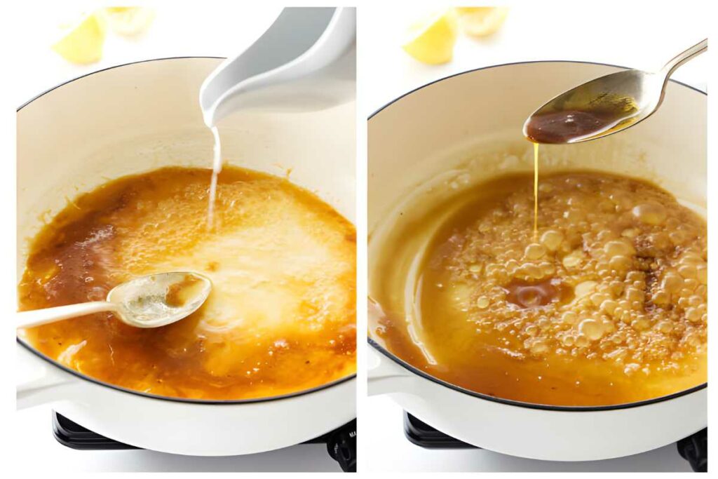 Cream poured into sauce and sauce drizzled over bubbling mixture in pot.