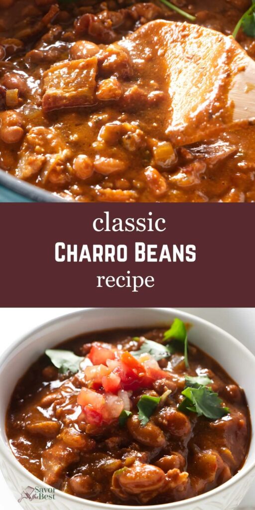 Charro beans being stirred in a pot and served with tomato, cilantro topping.