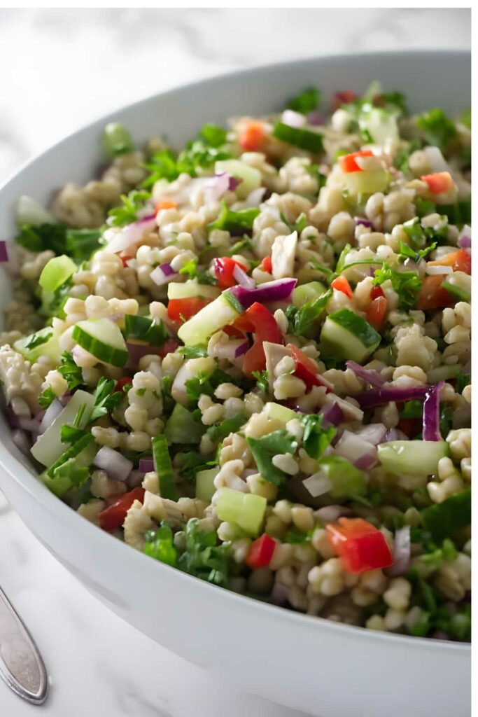 Close-up of barley salad with veggies in a white bowl on marble surface.