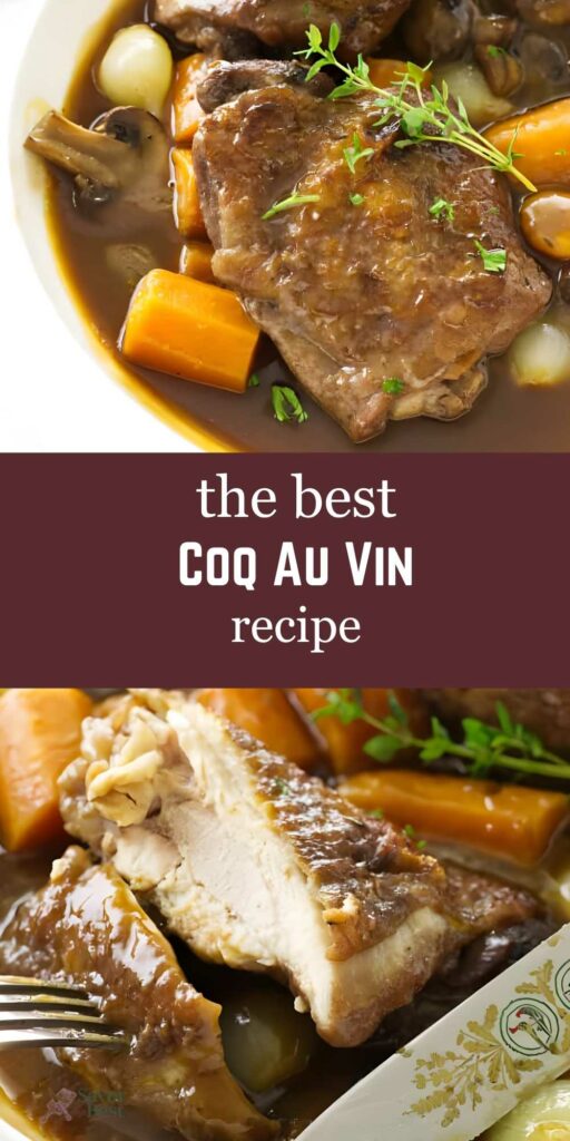 Plate of coq au vin with chicken, vegetables, and herbs; recipe text overlay.
