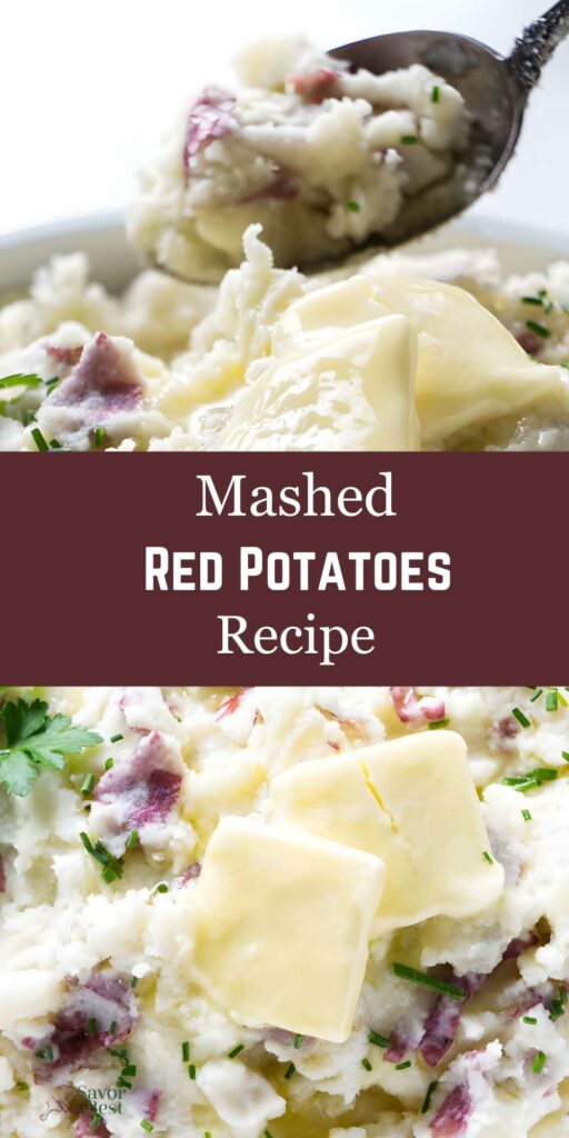 Mashed red potatoes with butter and herbs in a bowl, spoon lifting serving.